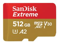 SanDisk Extreme - Flashhukommelseskort (microSDXC til SD adapter inkluderet) - 512 GB - A2 / Video Class V30 / UHS-I U3 / Class10 - microSDXC UHS-I SDSQXAV-512G-GN6MA