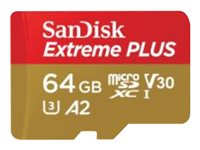 SanDisk Extreme PLUS - Flashhukommelseskort (microSDXC til SD adapter inkluderet) - 64 GB - A2 / Video Class V30 / UHS-I U3 / Class10 - microSDXC UHS-I SDSQXBU-064G-GN6MA