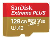 SanDisk Extreme PLUS - Flashhukommelseskort (microSDXC til SD adapter inkluderet) - 128 GB - A2 / Video Class V30 / UHS-I U3 / Class10 - microSDXC UHS-I SDSQXBD-128G-GN6MA