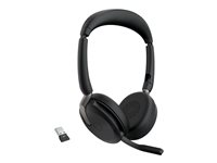 Jabra Evolve2 65 Flex UC Stereo - Headset - på øret - Bluetooth - trådløs - aktiv støjfjerning - USB-A - sort - med trådløs opladningsblok - Optimeret til UC 26699-989-989