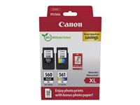 Canon PG-560XL/CL-561XL Photo Value Pack - Skinnende - 2 pakker - Højtydende - sort, farve (cyan, magenta, gul) - original - hængekasse - blækpatron/papirsæt - for PIXMA TS5350, TS5351, TS5352, TS5353, TS7450 3712C008