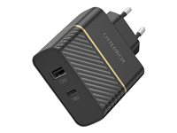 OtterBox Wall Charger - Strømforsyningsadapter - 30 Watt - 3 A - PD 3.0, USB BC 1.2 - 2 output-stikforbindelser (USB, 24 pin USB-C) - sort flimmer - Europa 78-52723