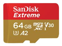 SanDisk Extreme - Flashhukommelseskort (microSDXC til SD adapter inkluderet) - 64 GB - A2 / Video Class V30 / UHS-I U3 / Class10 - microSDXC UHS-I SDSQXAH-064G-GN6AA