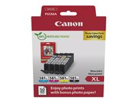 Canon CLI-581XL C/M/Y/BK Photo Value Pack - 4 pakker - 8.3 ml - XL - sort, gul, cyan, magenta - original - boks - blækbeholder / papirsæt - for PIXMA TS6251, TS6350, TS6351, TS705, TS8252, TS8350, TS8351, TS8352, TS9550, TS9551 2052C006