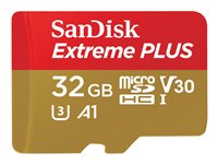 SanDisk Extreme PLUS - Flashhukommelseskort (microSDHC til SD adapter inkluderet) - 32 GB - A1 / Video Class V30 / UHS-I U3 - microSDHC UHS-I SDSQXBG-032G-GN6MA